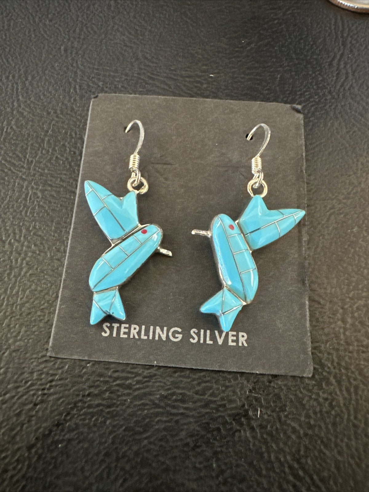 Blue Turquoise Navajo Sterling Silver Hummingbird Dangle Earrings 1424