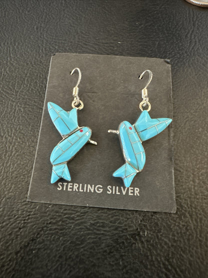 Blue Turquoise Navajo Sterling Silver Hummingbird Dangle Earrings 1424