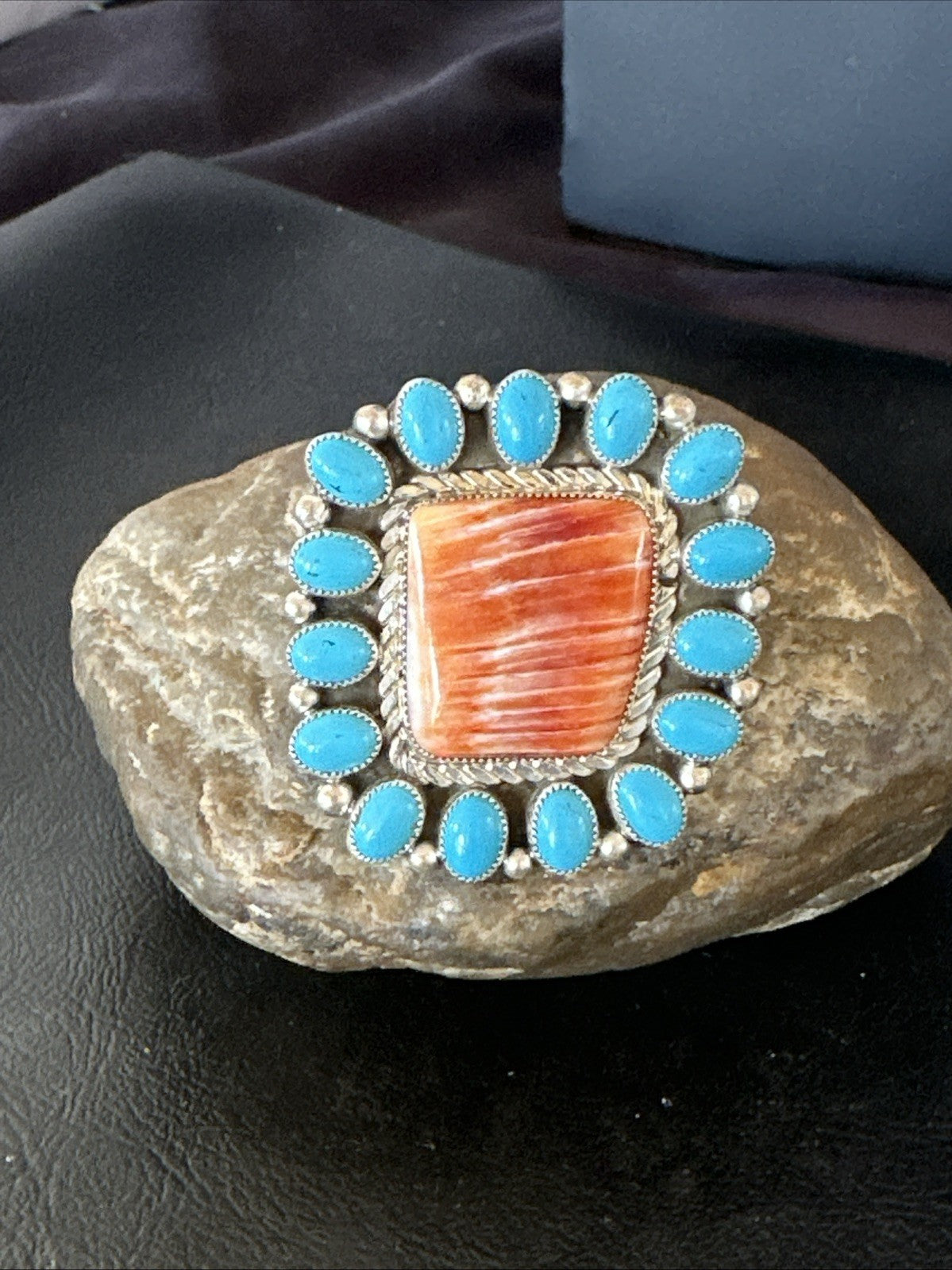 Orange Spiny Oyster Turquoise Navajo Sterling Silver Cluster Ring Sz 9 19761