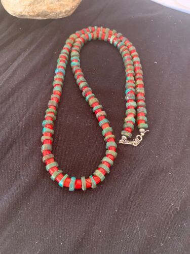 Turquoise & Coral Heishi Bead Navajo Sterling Silver Necklace 21” 04757