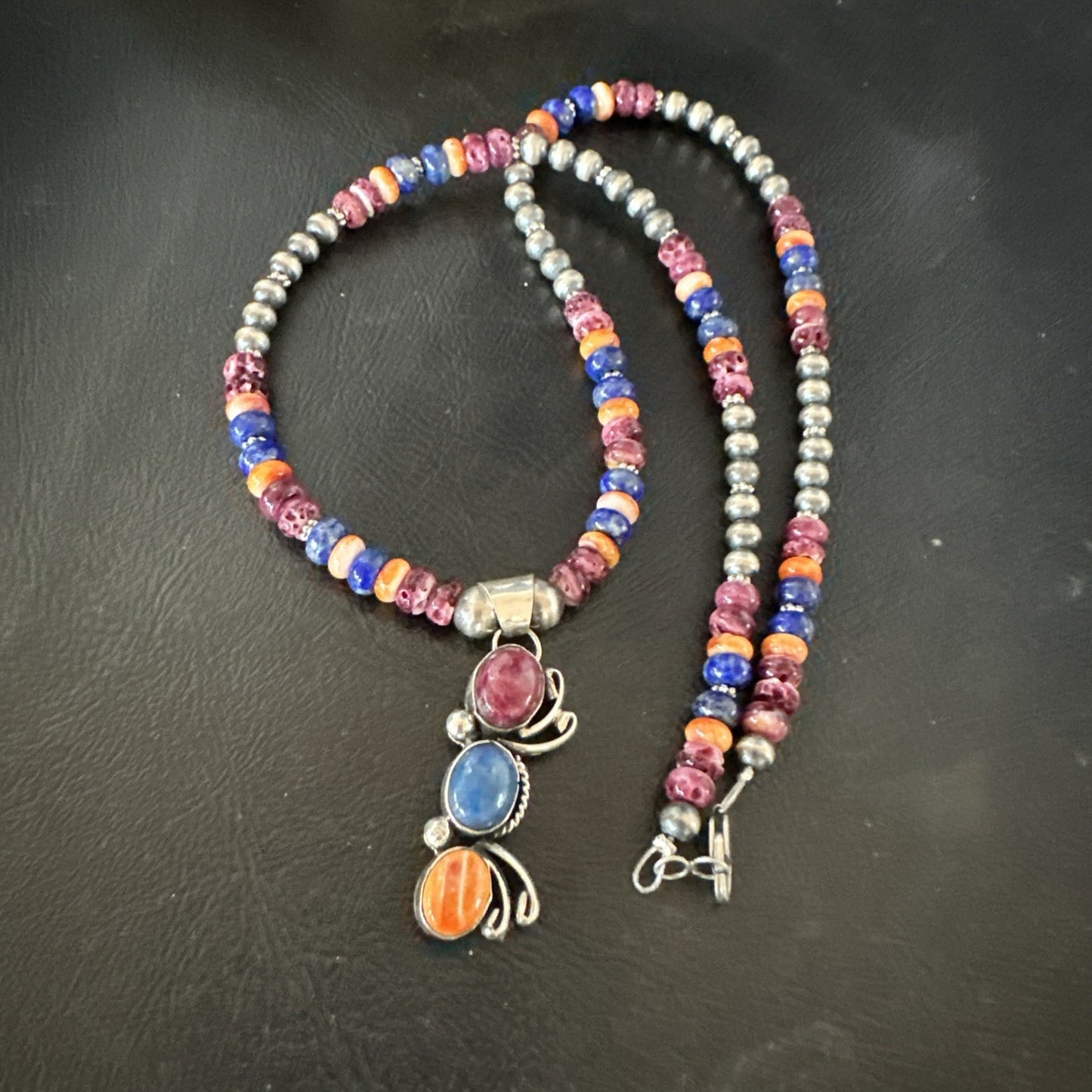 Multicolor Turquoise Spiny Navajo Sterling Silver Cluster Pendant Necklace 19639