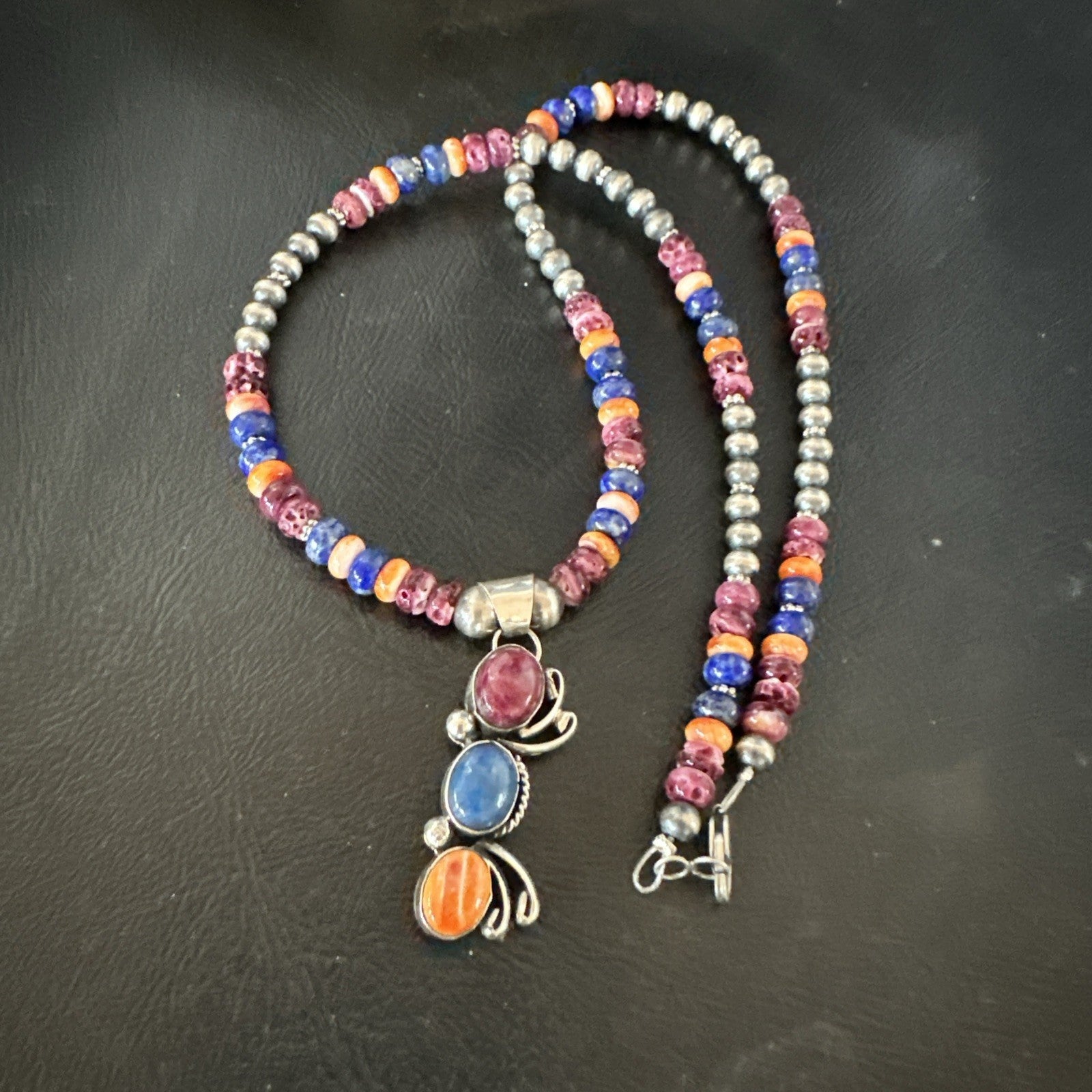 Multicolor Turquoise Spiny Navajo Sterling Silver Cluster Pendant Necklace 19639
