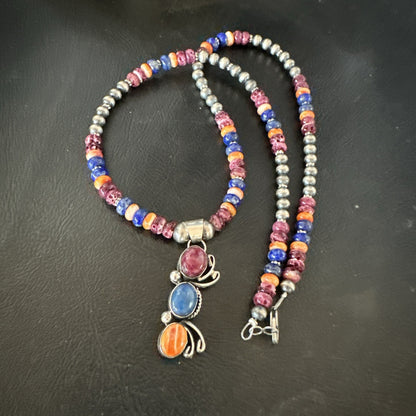 Multicolor Turquoise Spiny Navajo Sterling Silver Cluster Pendant Necklace 19639