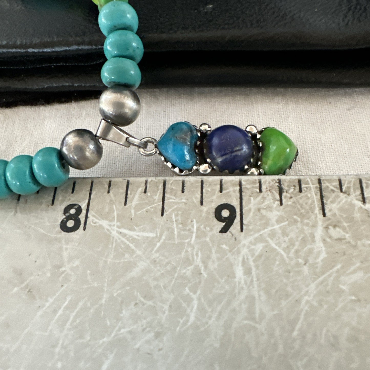 Blue Lapis Green Turquoise Cluster Pendant Navajo Sterling Silver Necklace 19659