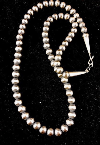Native American 5mm Sterling Silver Beads Navajo 20" Hook & Eye Cone Necklace
