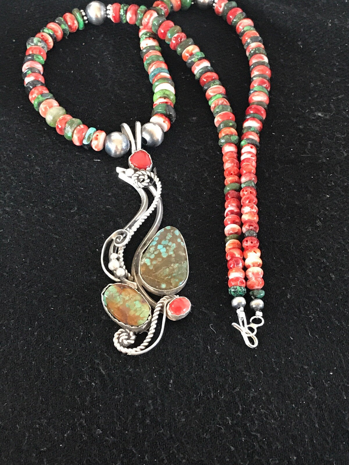 Turquoise #8 & Spiny Oyster Pendant Navajo Sterling Silver Beads Necklace 08646