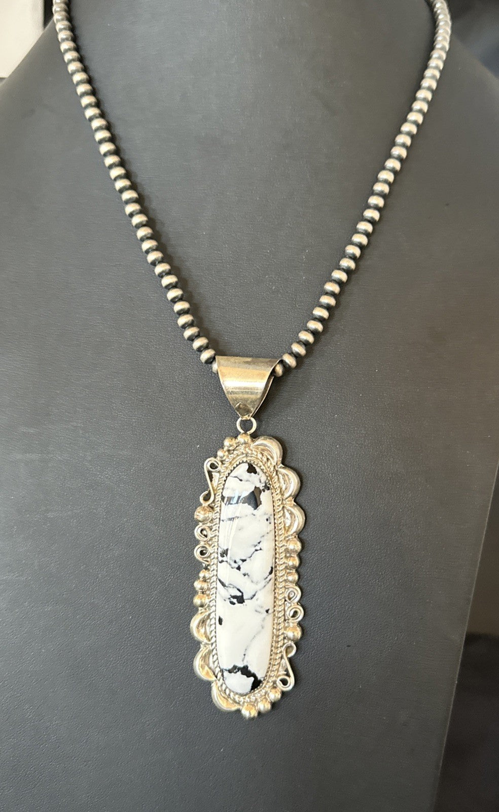 XXL White Buffalo Turquoise Pendant Navajo Sterling Silver Necklace 4" 19759