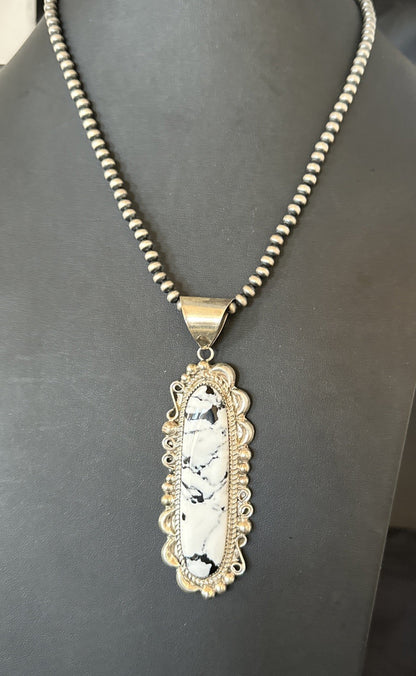 XXL White Buffalo Turquoise Pendant Navajo Sterling Silver Necklace 4" 19759