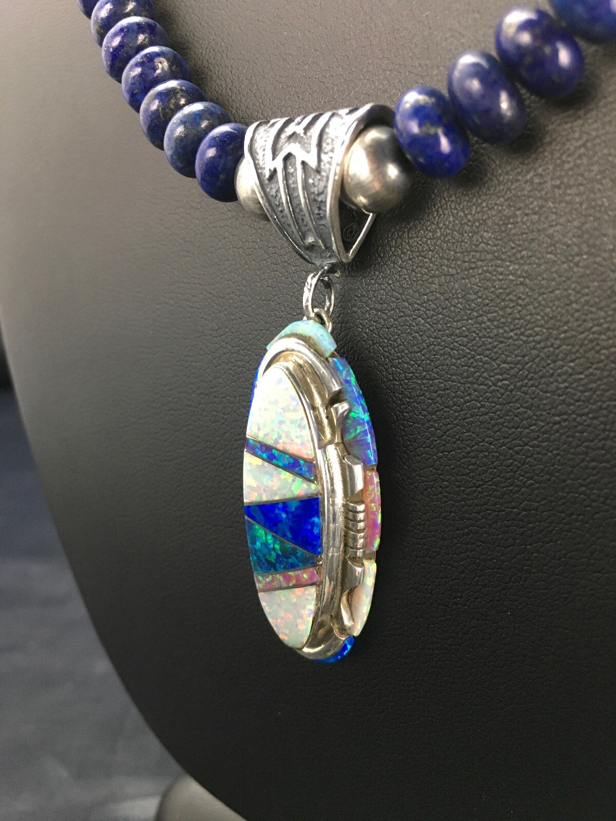 Opal Pendant Lapis Navajo Sterling Silver Necklace 02606