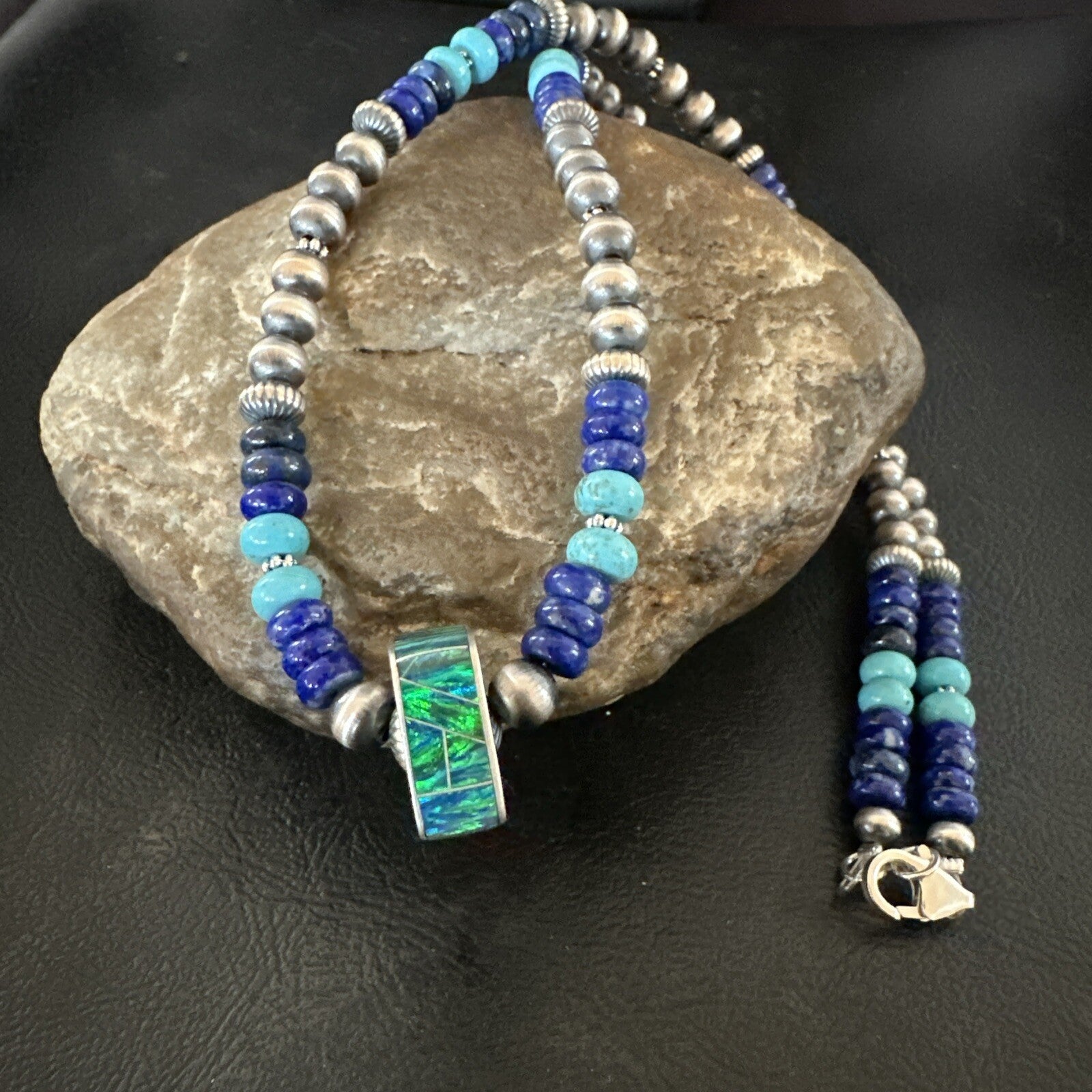 Mens Blue Turquoise Lapis Opal Pendant Navajo Sterling Silver Necklace 20" 17897
