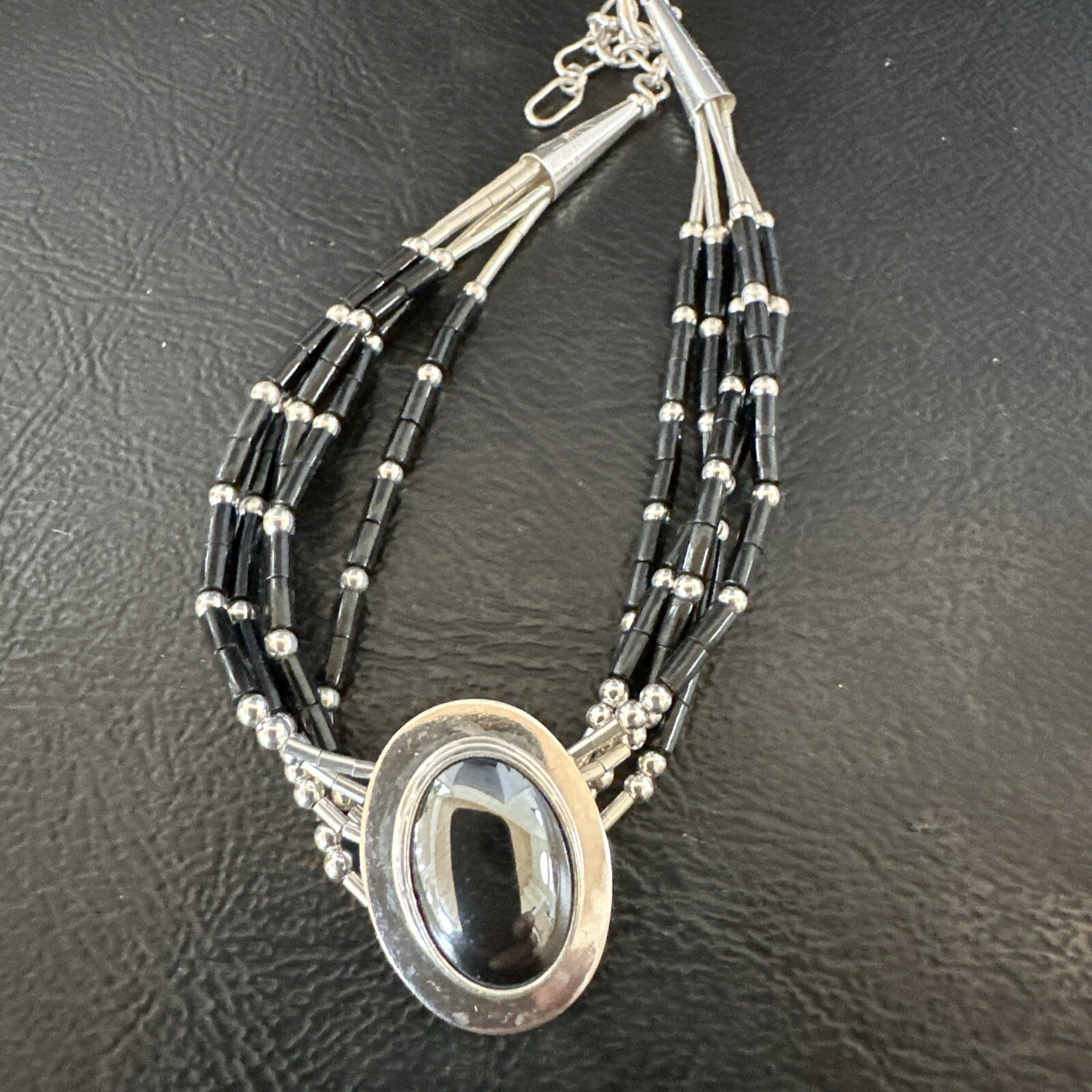 Black Onyx Heishi 5S Pend Southwestern Liquid Sterling Silver Bracelet 8” 17751