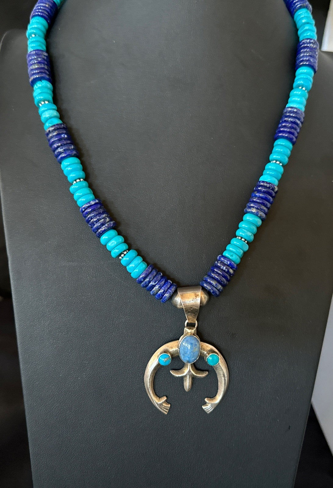 Blue Turquoise Lapis Naja Pendant Navajo 12mm Sterling Silver Necklace 19545