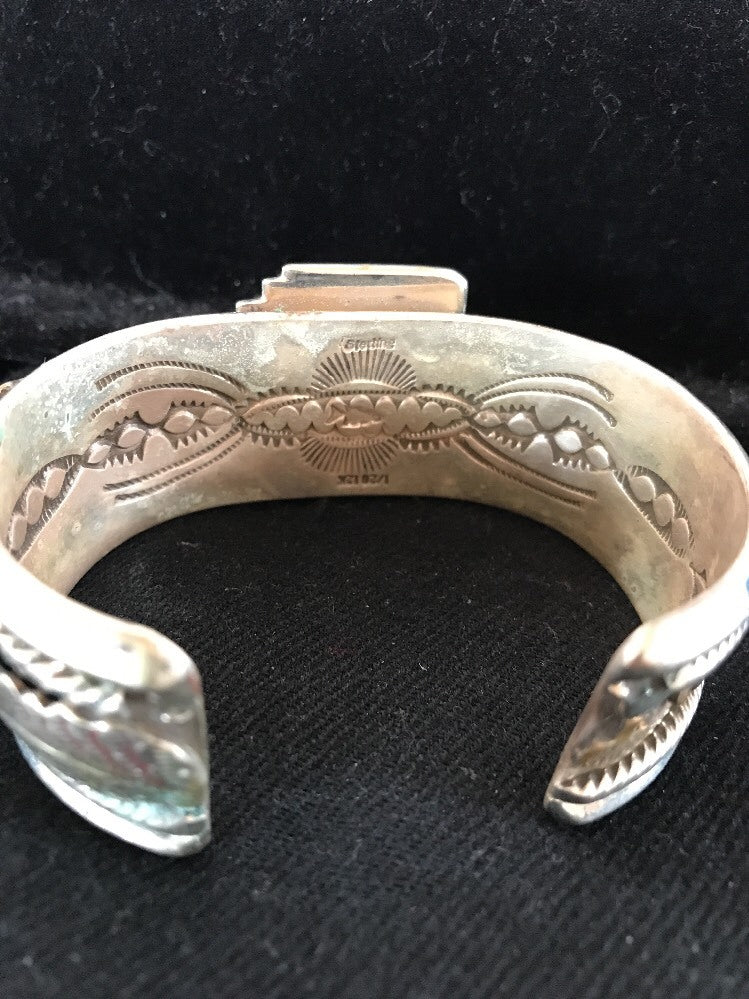 Blue Turquoise Navajo Sterling Silver Cuff Bracelet 12K Gold 08290