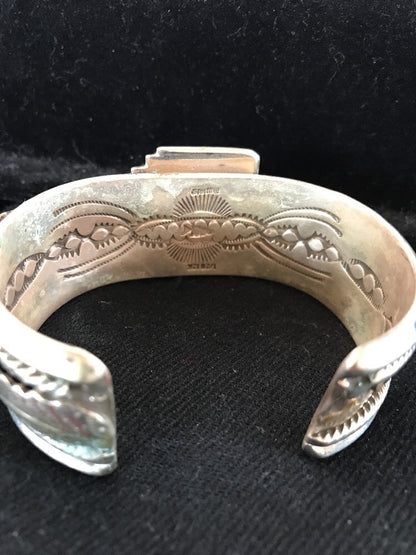 Blue Turquoise Navajo Sterling Silver Cuff Bracelet 12K Gold 08290