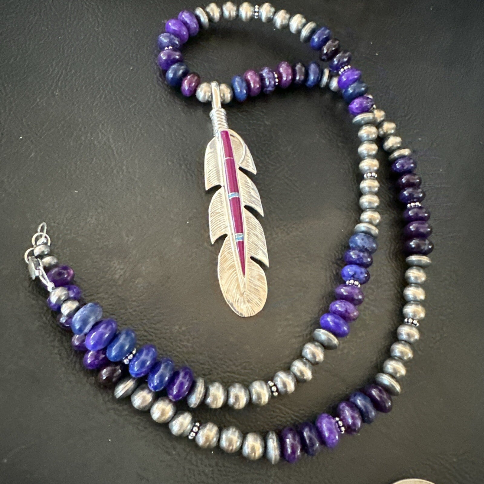 Feather Purple Stone Opal Pendant Sterling Silver Necklace 21” 18671
