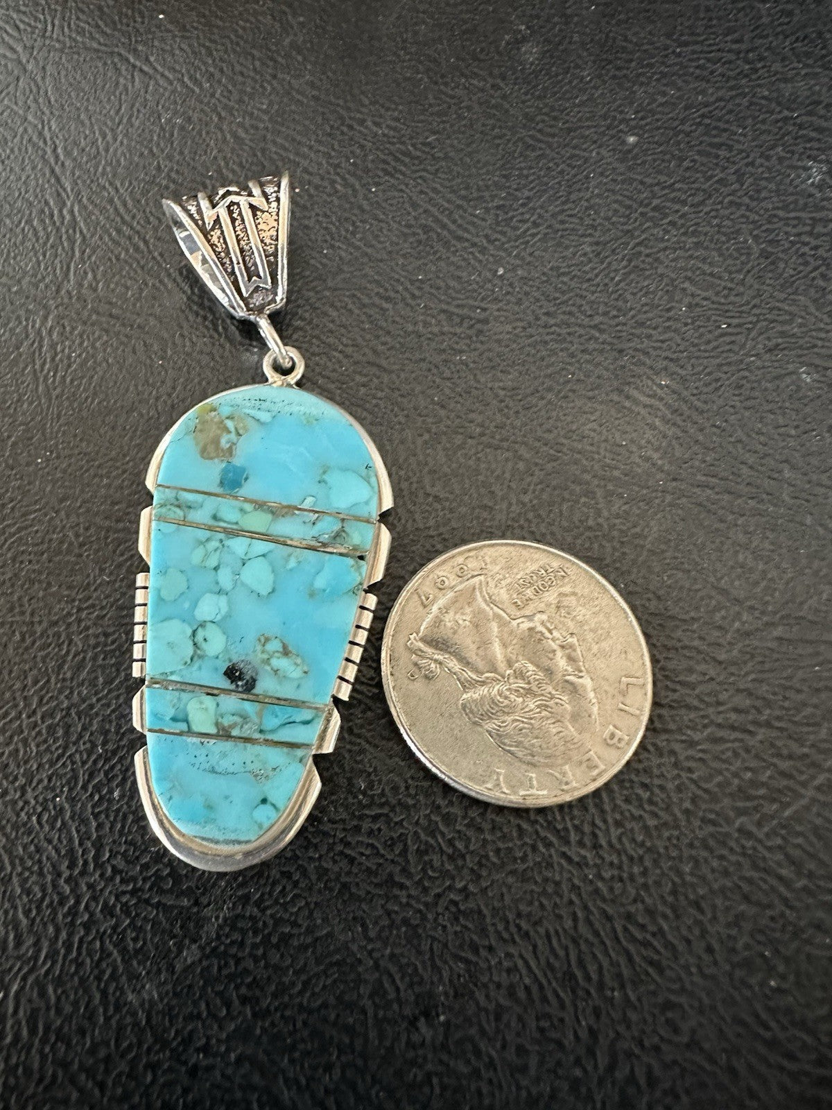 Navajo B E Inlay 925 Sterling Silver Turquoise Pendant Cobblestone 2.5" 19398