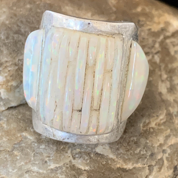 White Opal Navajo Inlay Ring Size 8 | Sterling Silver | Authentic Native American Handmade | 18922