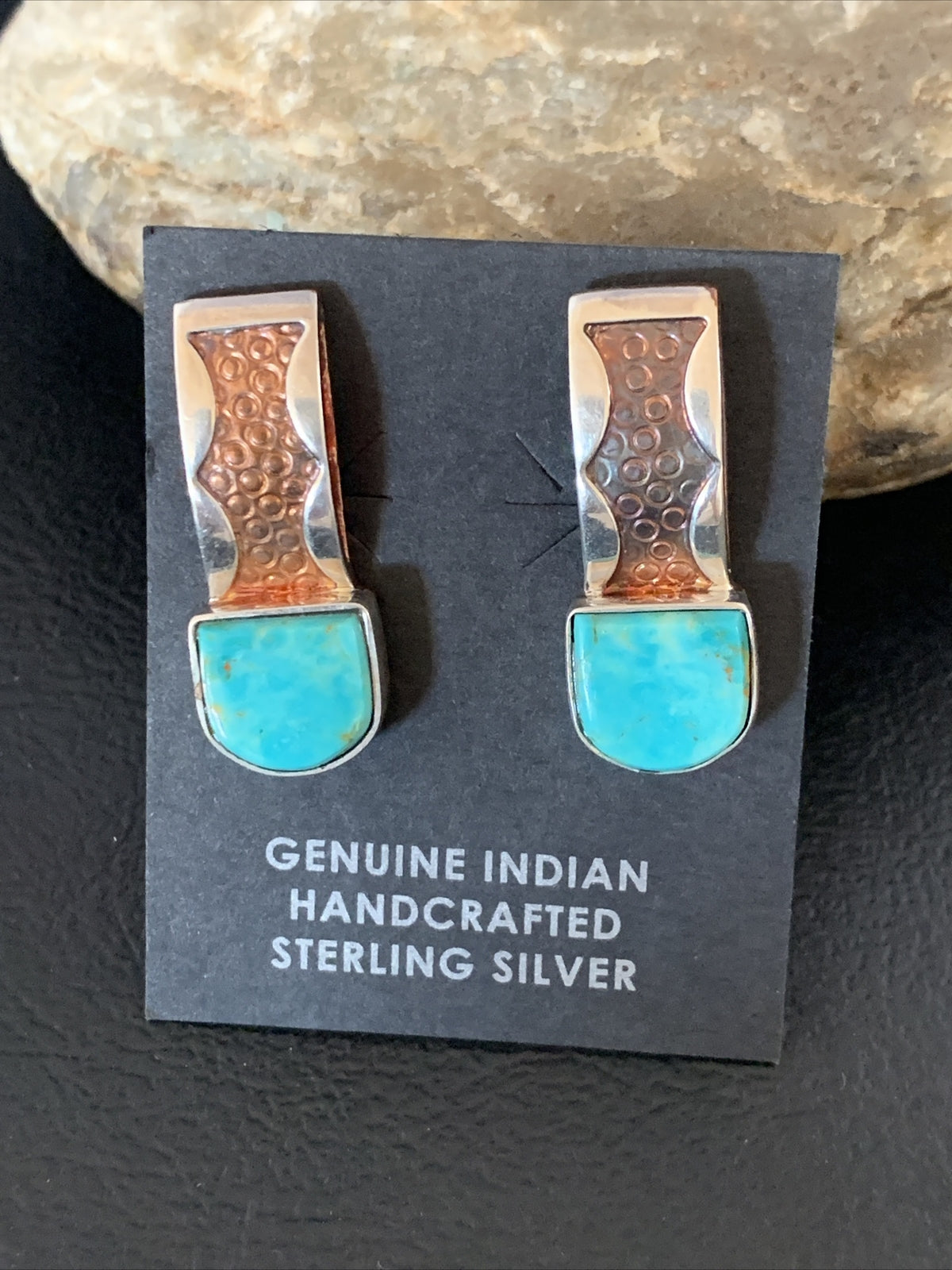 Womens Inlay Earrings Navajo Blue Turquoise Sterling Silver Brass 1" 13106