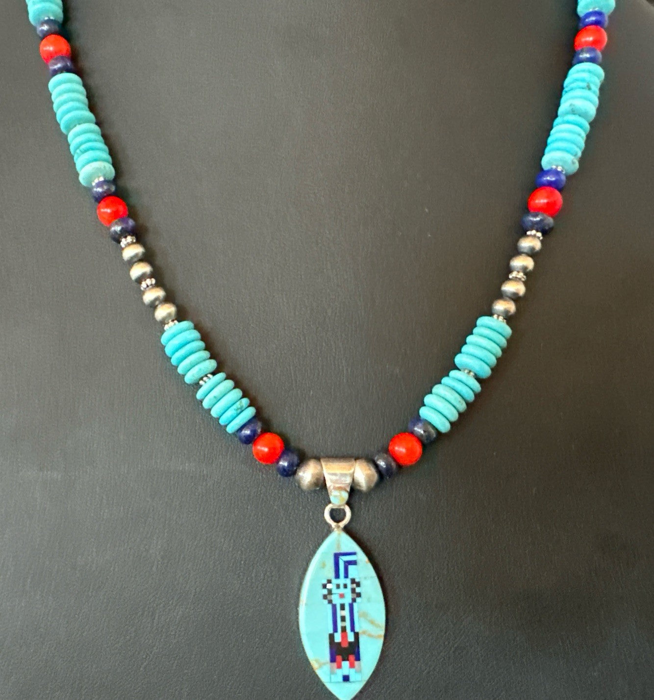 Multicolor Turquoise Coral Navajo Sterling Silver Inlay Pendant Necklace 19645