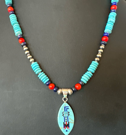 Multicolor Turquoise Coral Navajo Sterling Silver Inlay Pendant Necklace 19645