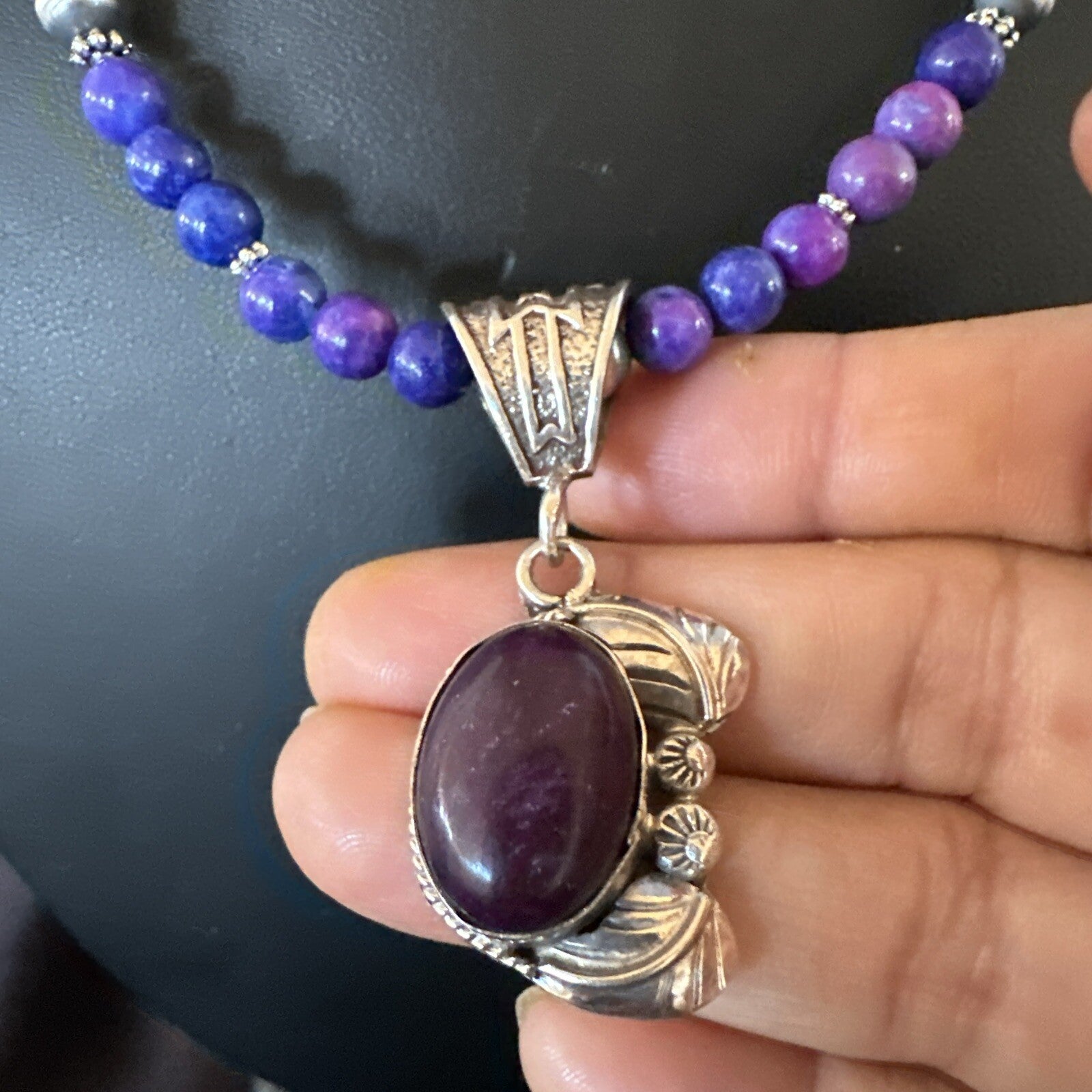 Purple Stone Pendant Navajo Pearls Sterling Silver Necklace 18389