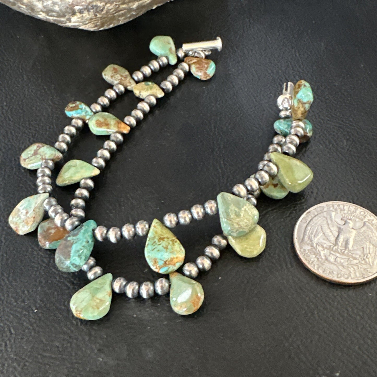 Navajo Sterling Silver Beads Green Turquoise Teardrop Bracelet 2S 7.5" 15259