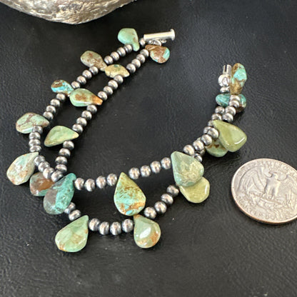 Navajo Sterling Silver Beads Green Turquoise Teardrop Bracelet 2S 7.5" 15259