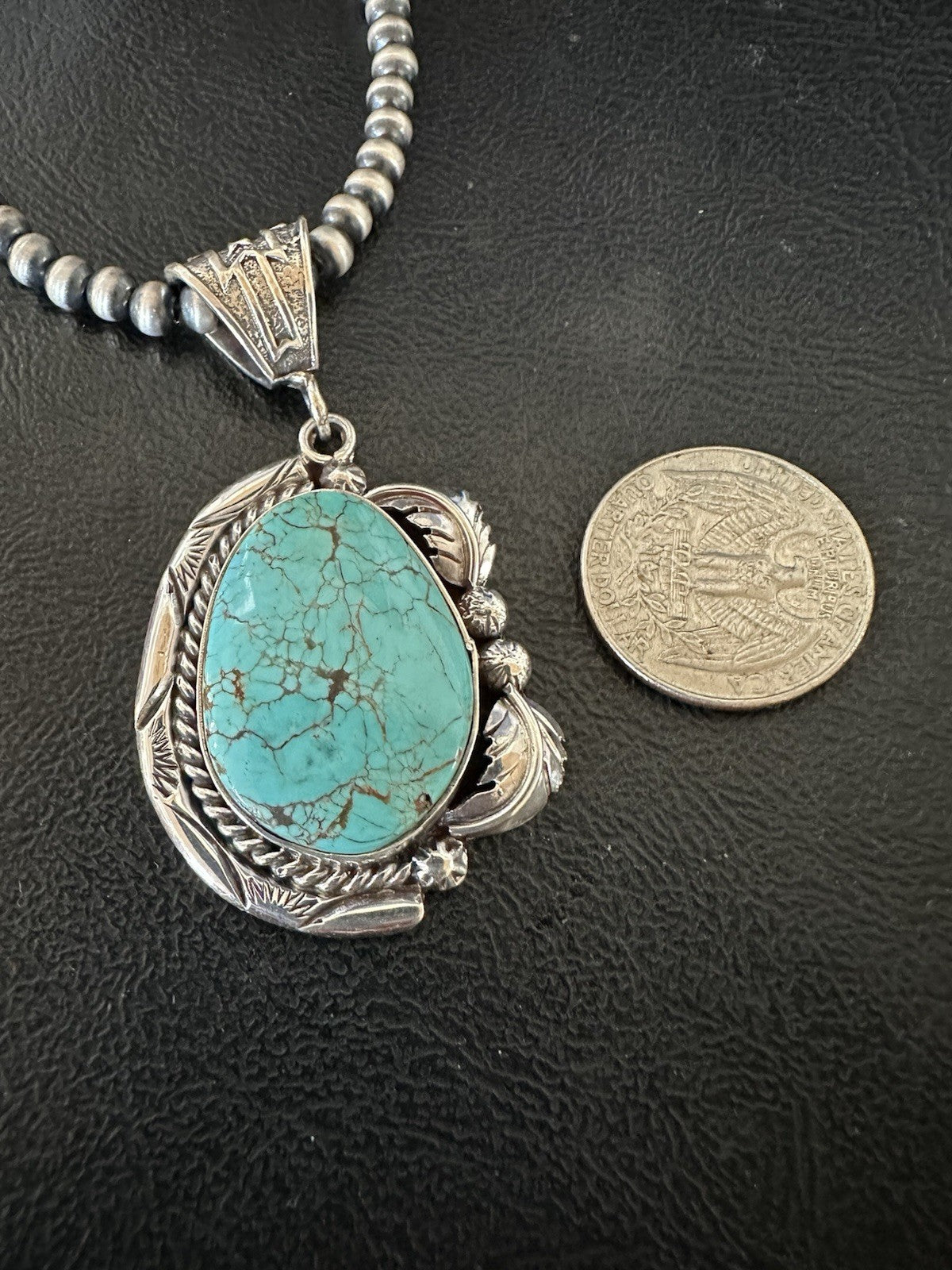 Blue Turquoise #8 Pendant Navajo Pearls Sterling Silver Necklace 19388