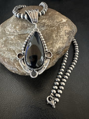Black Onyx Pendant Navajo Pearls Necklace | Sterling Silver | Authentic Native American Handmade | 19385