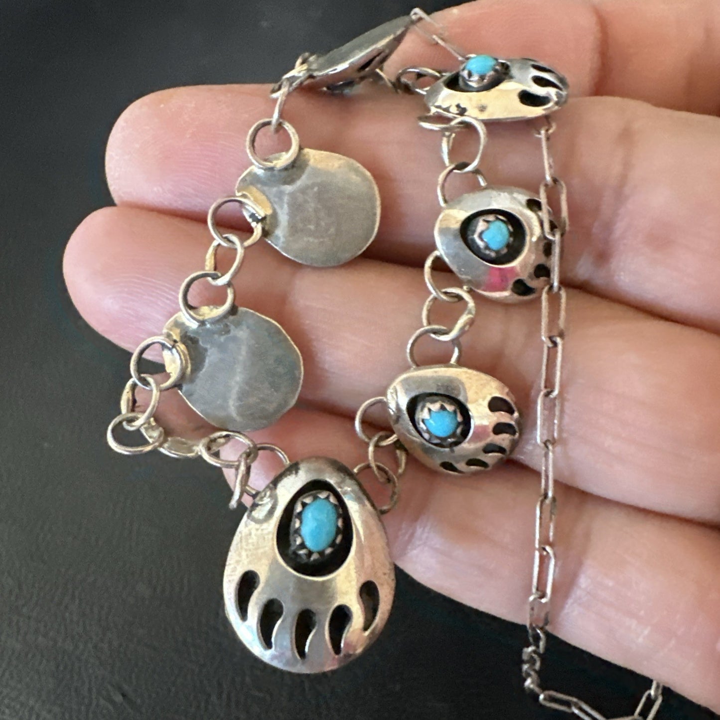 Blue Turquoise Navajo Sterling Silver Bear Paw ShadowBox Necklace 17" 19745