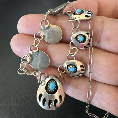 Blue Turquoise Navajo Sterling Silver Bear Paw ShadowBox Necklace 17" 19745