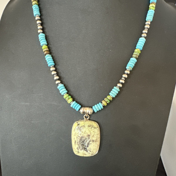 Green Gaspeite Pendant Blue Turquoise Navajo Necklace 20" | Sterling Silver | Authentic Native American Handmade | 19672