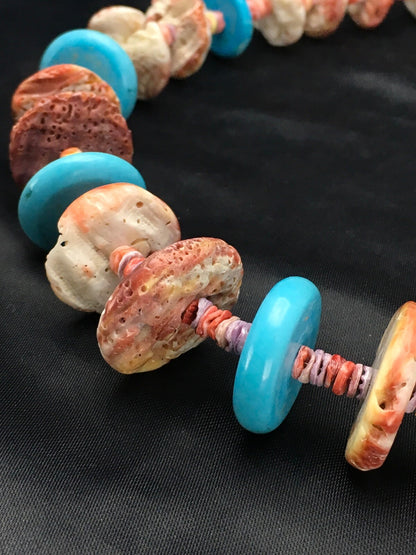 Spiny Oyster & Turquoise Navajo Indian Sterling Silver Necklace 02910