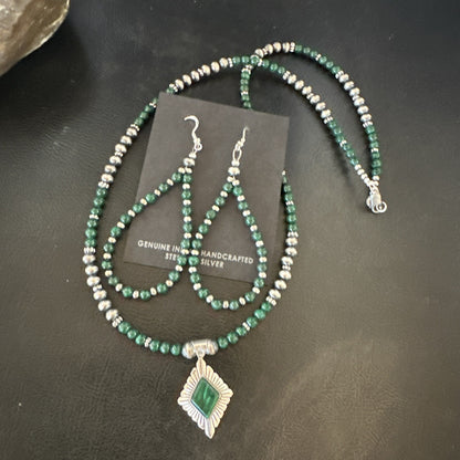 Womens Green Malachite Pendant Navajo Sterling Silver Necklace Earrings 18374