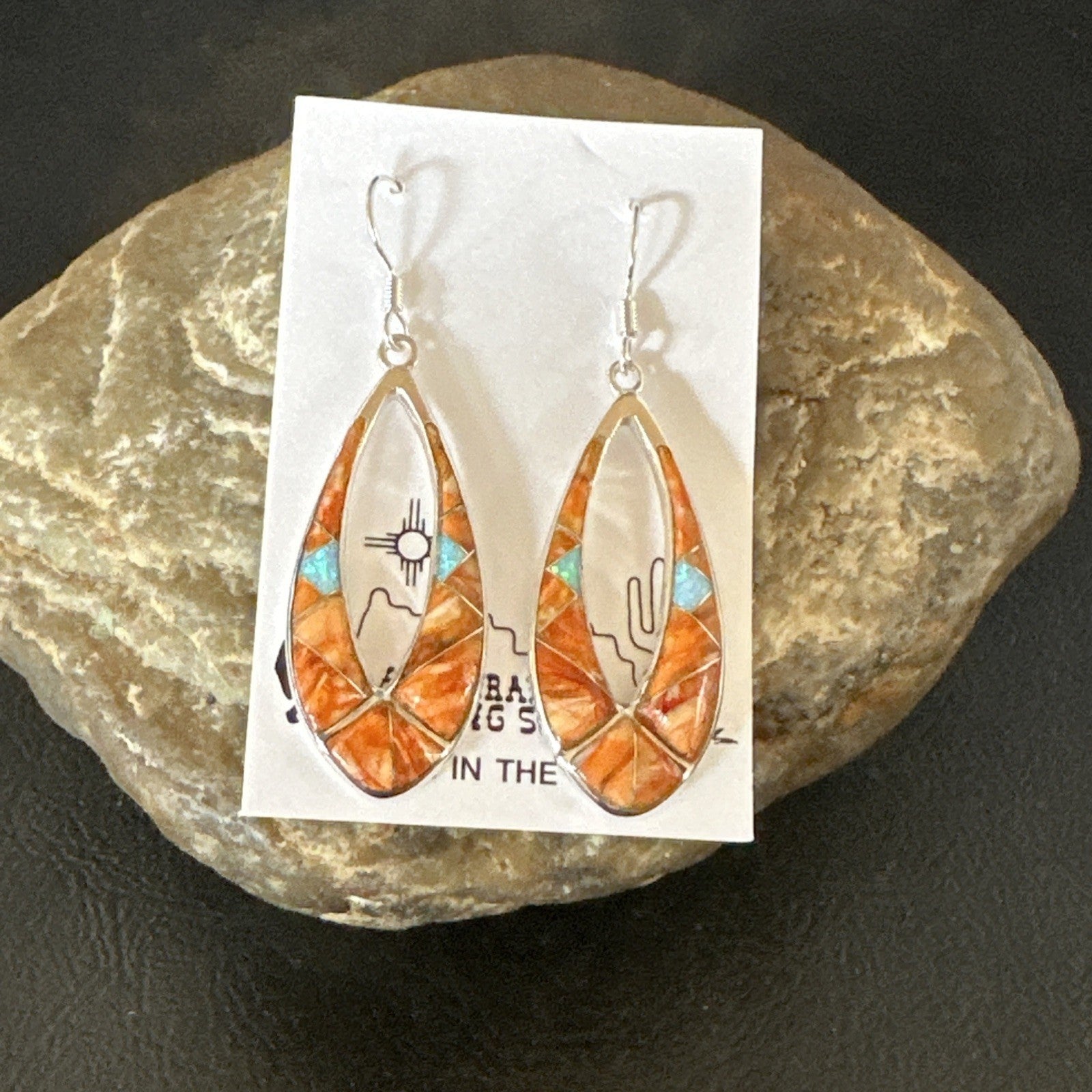 Women Opal Spiny Oyster Inlay Southwestern Sterling Silver Dangle Earrings 19136