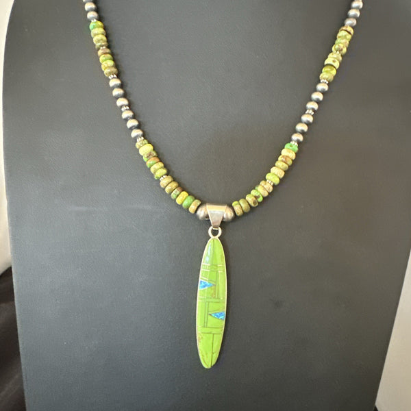 Women's Green Gaspeite Turquoise Opal Pendant Necklace | Sterling Silver | Authentic Native American Handmade | 19549