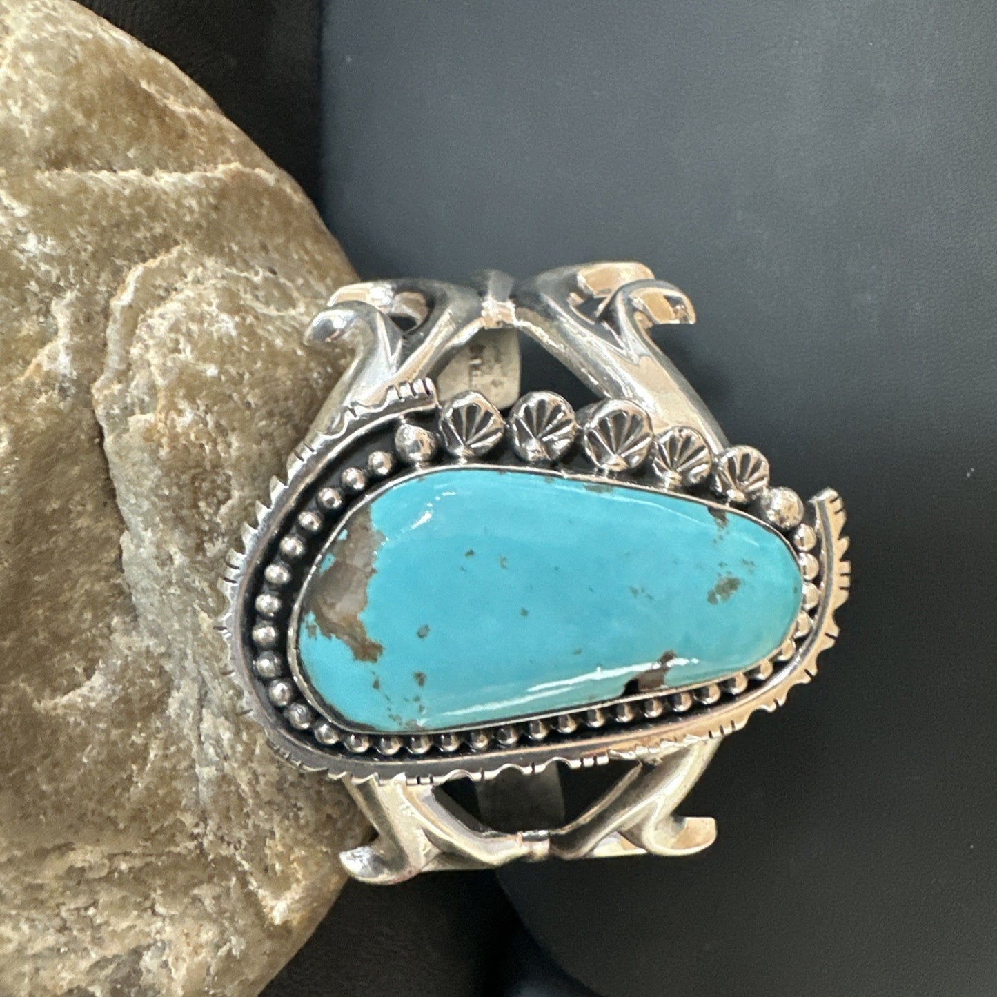 Mens Blue Kingman Turquoise Navajo Sterling Silver Cuff Bracelet 19348