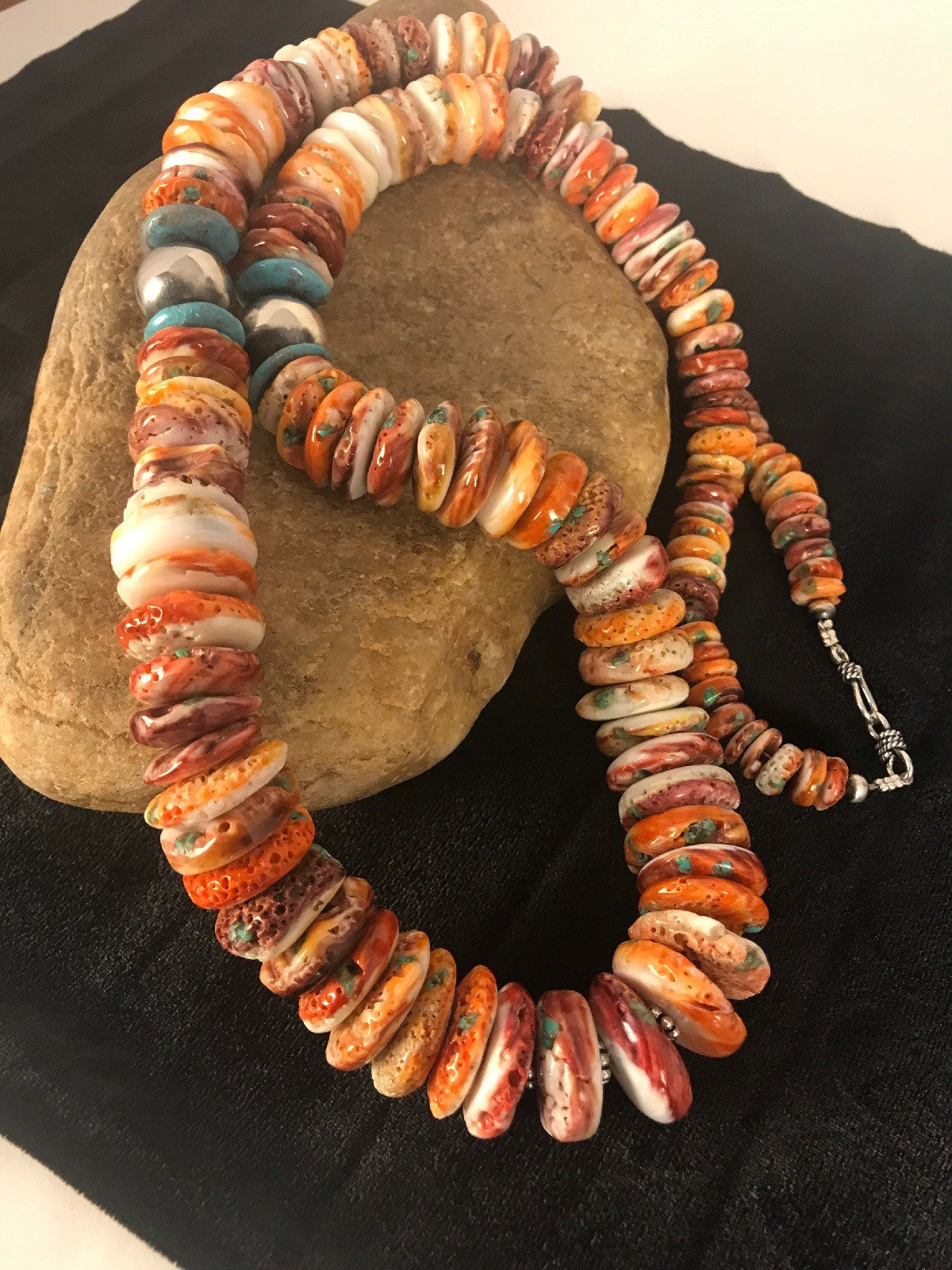 Mens Turquoise & Spiny Oyster Navajo Sterling Silver Beads Necklace 32" 08419