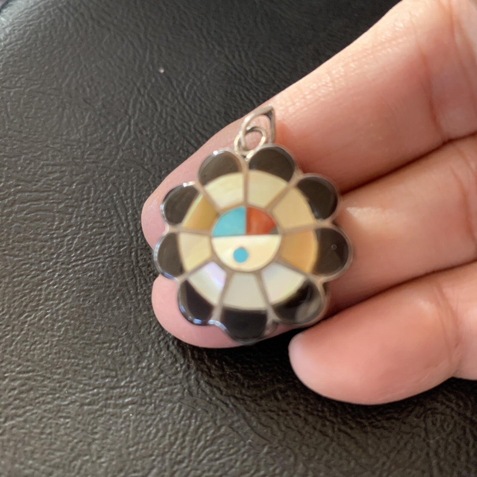 Mother Of Pearl Turquoise Spiny Inlay Zuni Sterling Silver 2 Sided Pendant 1682