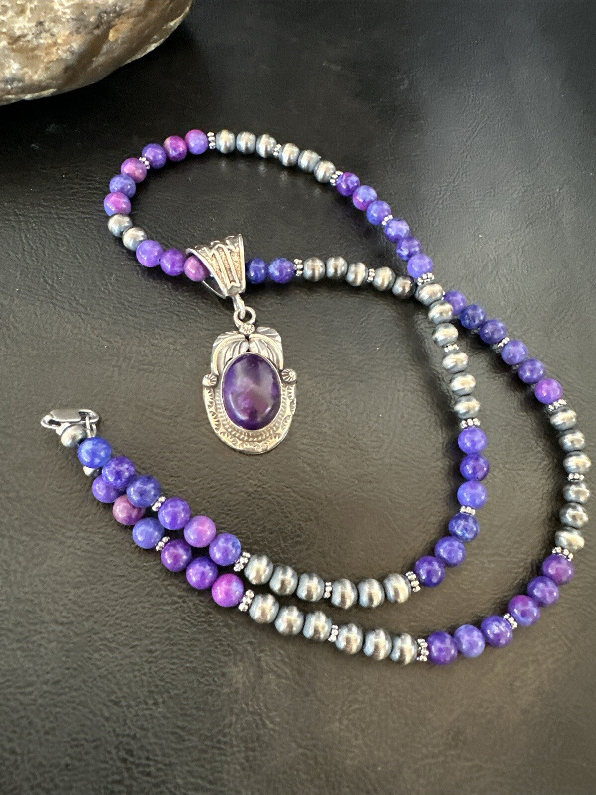 Purple Stone Pendant Navajo Sterling Silver Beads Necklace 18390