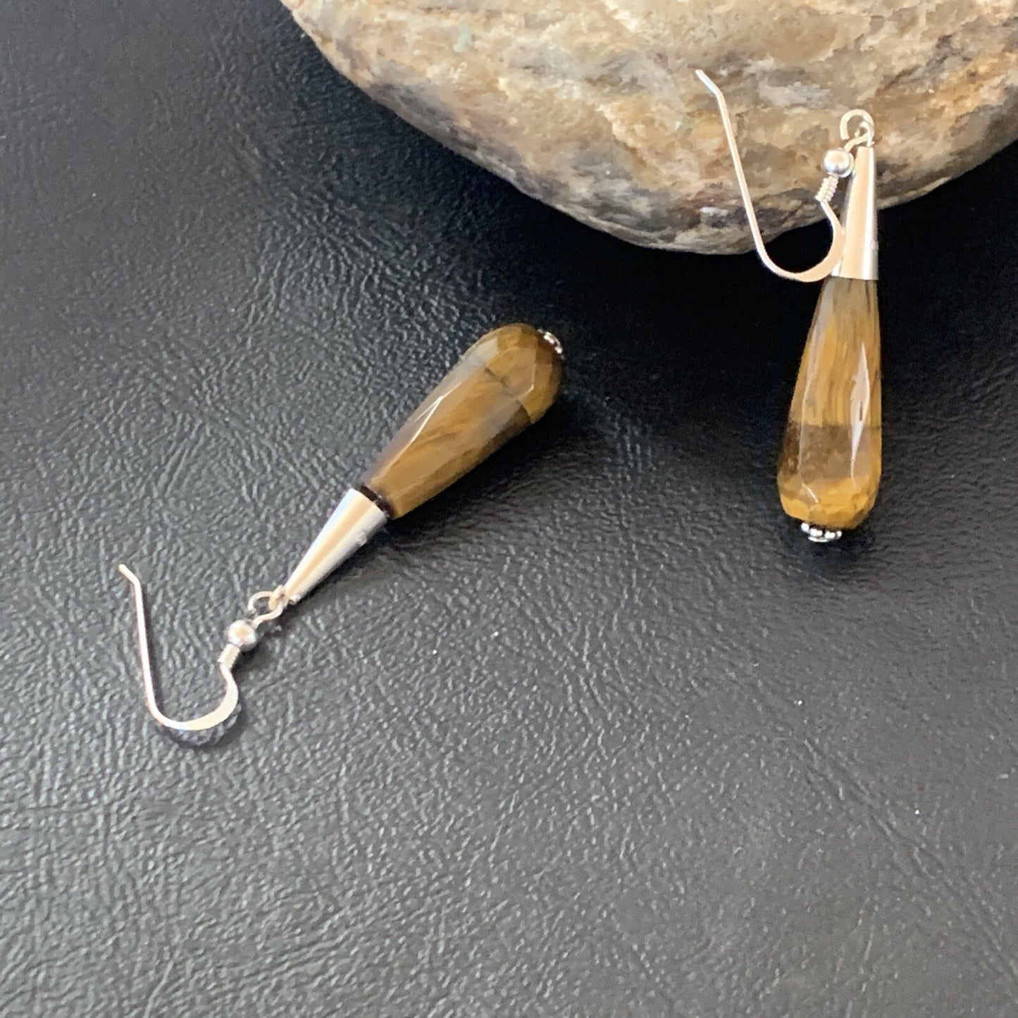 Coffee Tiger's Eye Navajo Sterling Silver Dangle Drop Bead Earrings 1.5" 11715