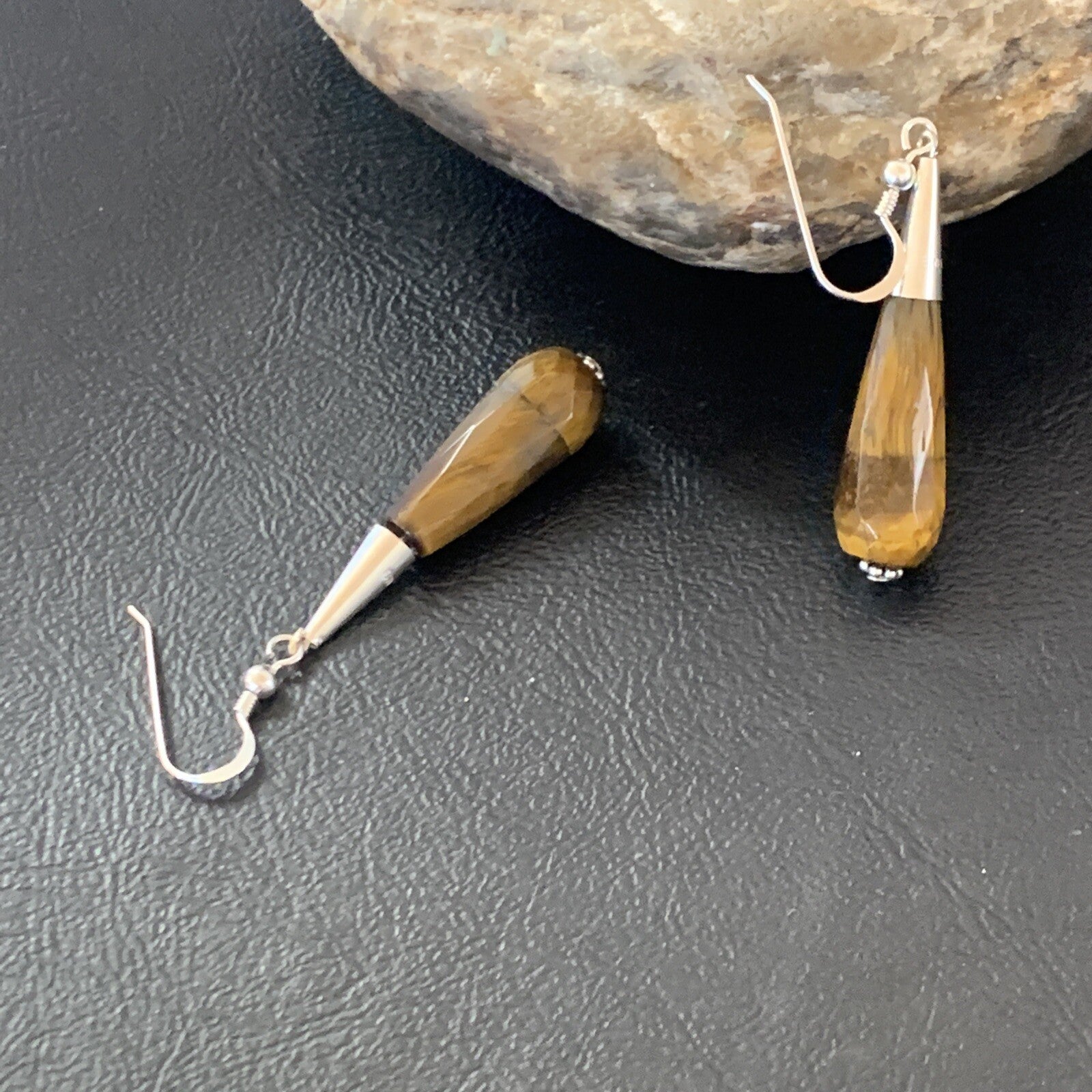 Coffee Tiger's Eye Navajo Sterling Silver Dangle Drop Bead Earrings 1.5" 11715