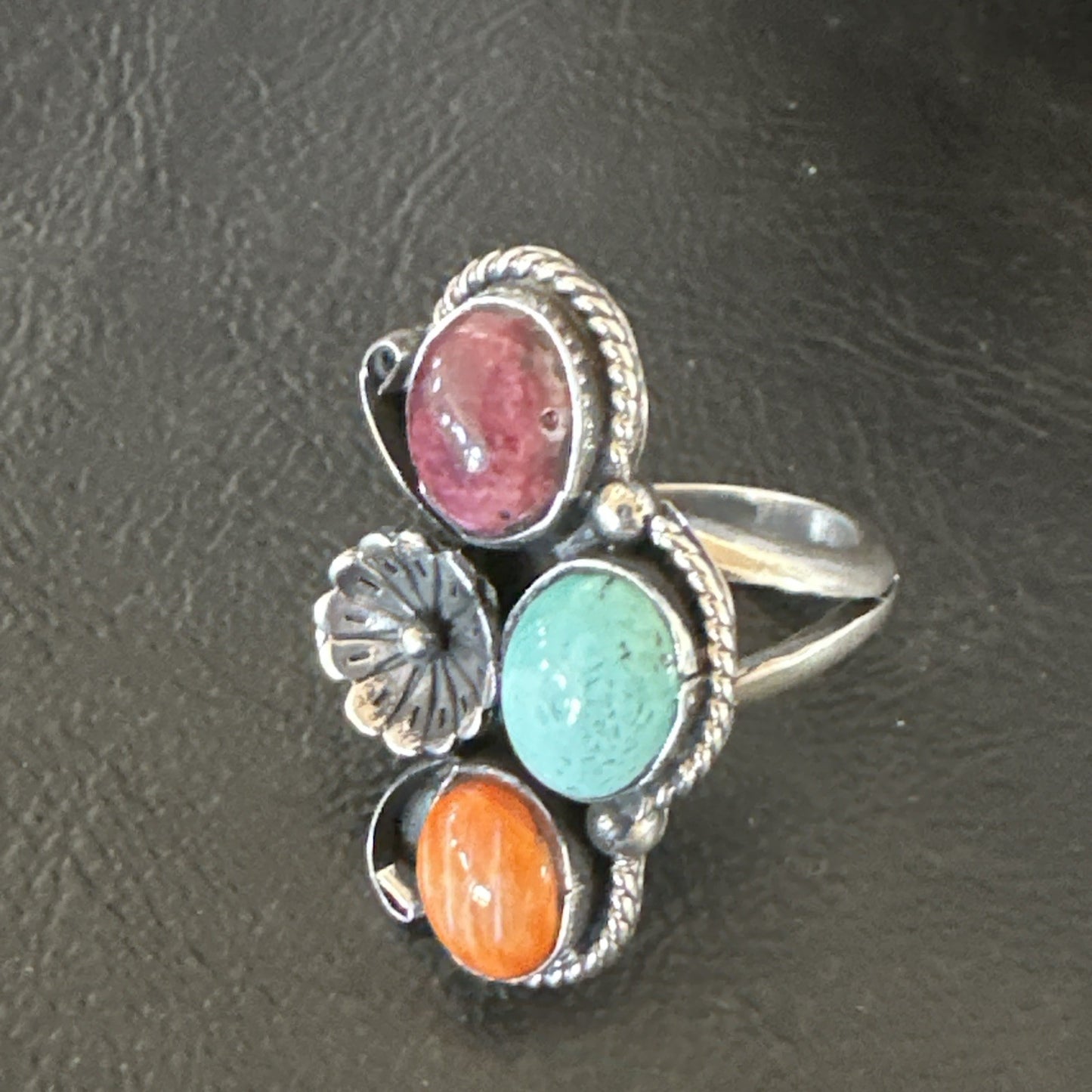 Multicolor Ring Turquoise Spiny Navajo Sterling Silver Cluster Size 7 19178