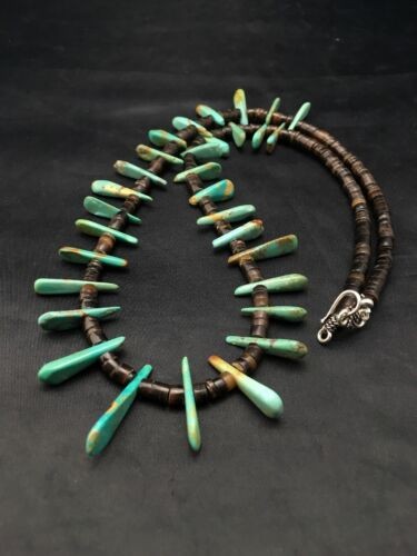Navajo Green Turquoise & Bone Bead Necklace Sterling Silver 20" 4359
