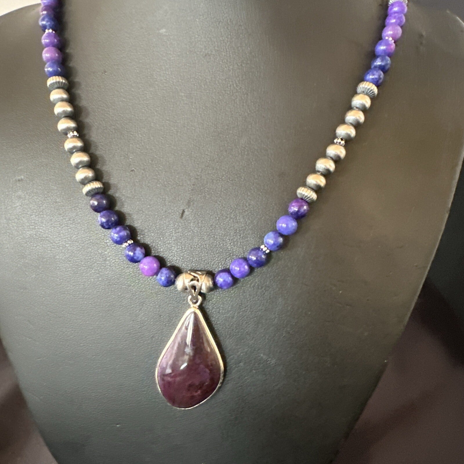 Purple Stone Pendant Navajo Pearls Sterling Silver Necklace 23" 17891