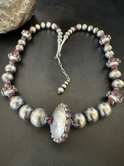 Purple Spiny Oyster Navajo Pearls Graduated Sterling Silver Necklace 23”19444
