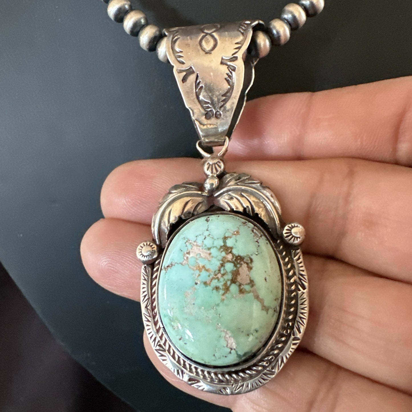 Navajo Sterling  Green Royston Turquoise Necklace Pendant 19356