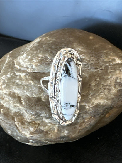 Black White Buffalo Turquoise Navajo Sterling Silver Ring Size 8.5 19803