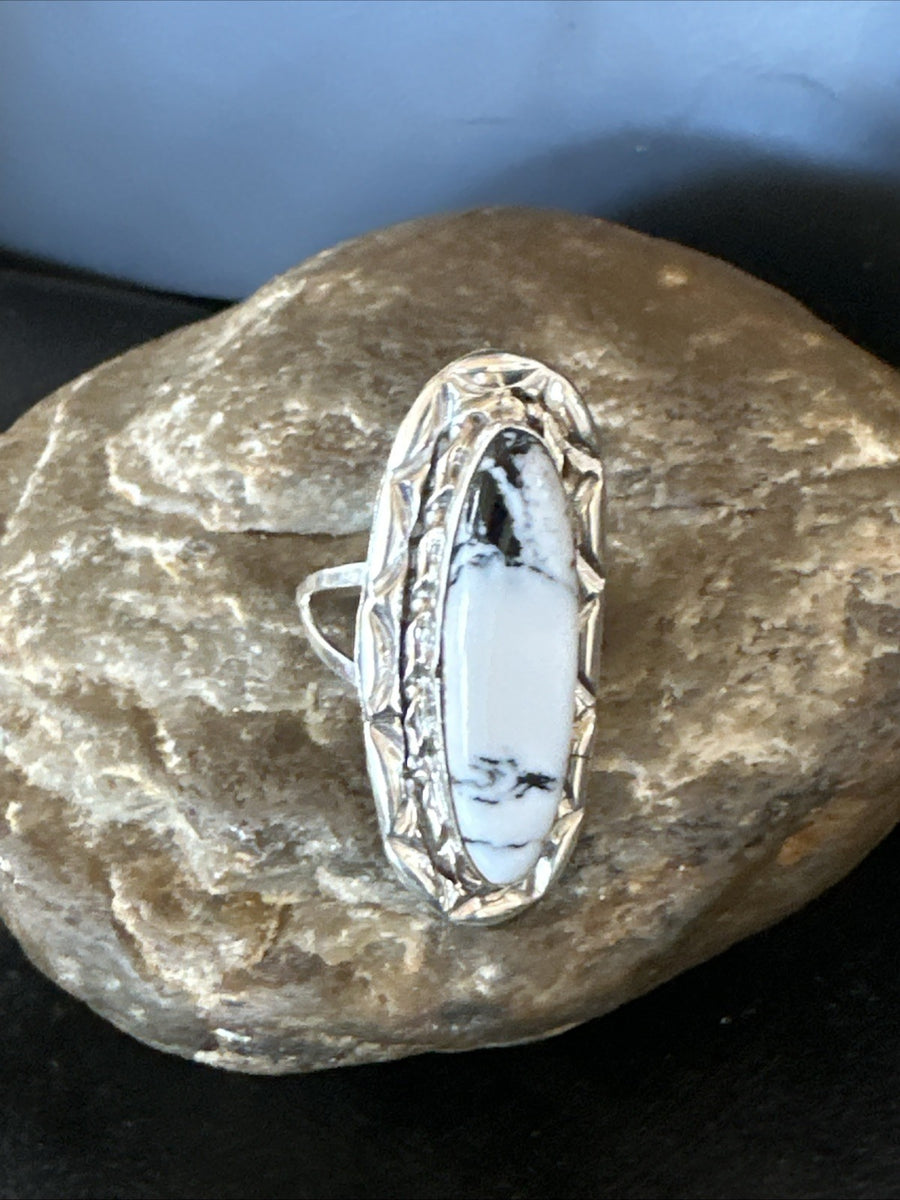 Black White Buffalo Turquoise Navajo Sterling Silver Ring Size 8.5 19803