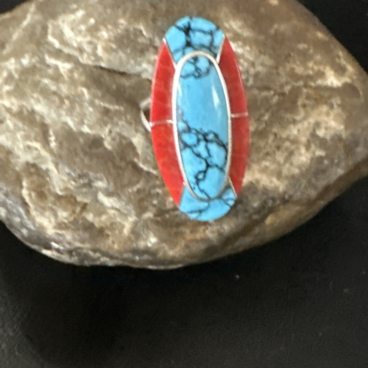 Blue Turquoise Coral Navajo Sterling Silver Ring Size 7.5 18765
